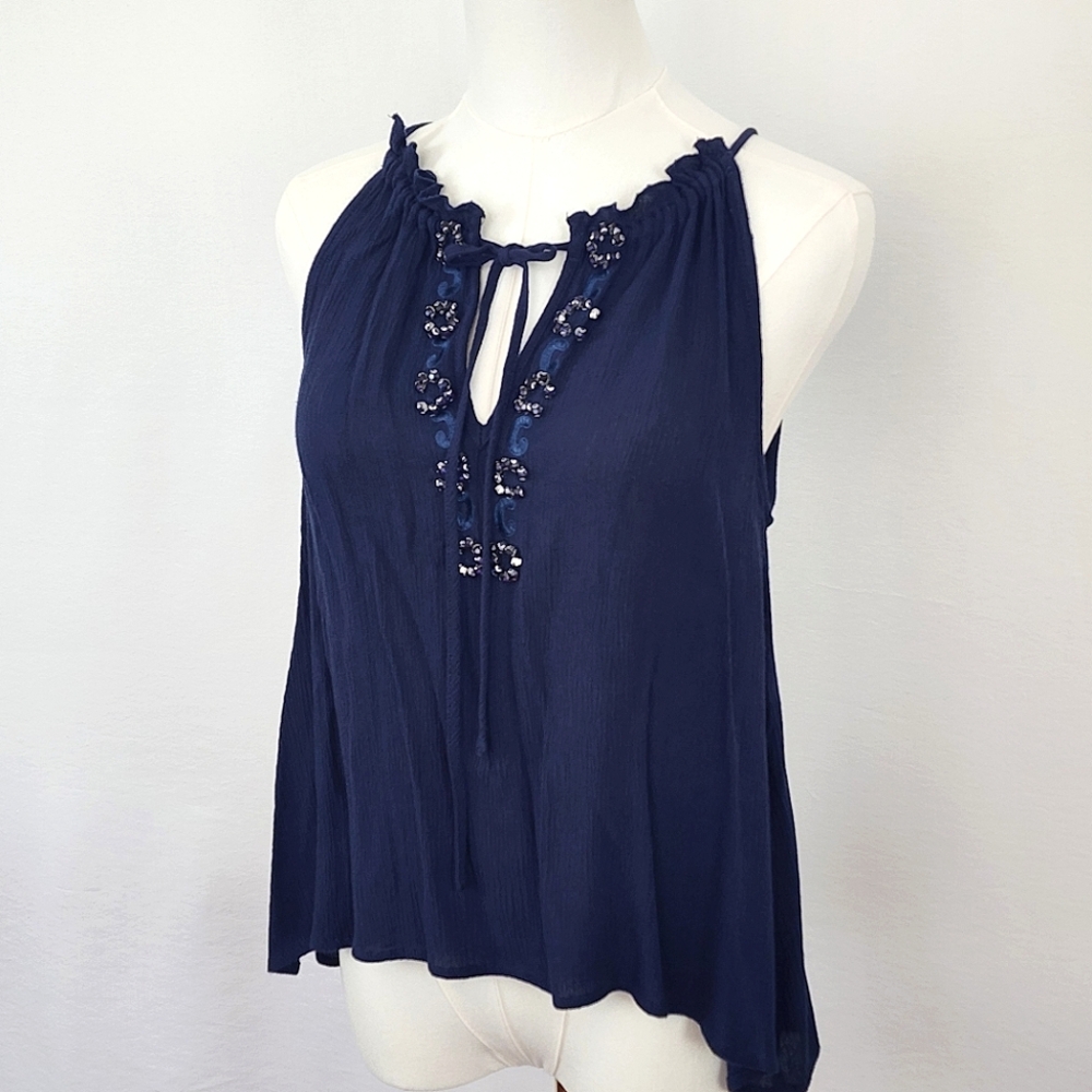 loveposh Navy Sleeveless Halter Blouse with Embellishments Medium